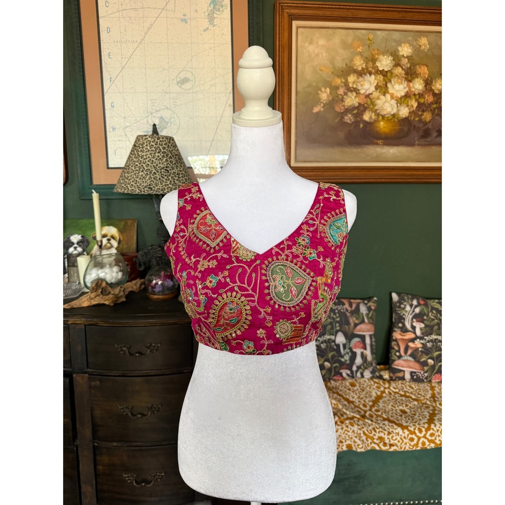 Pink‎ Embroidered  Choli Blouse Sleeveless V-Neck Tassel Tie Back Crop Top